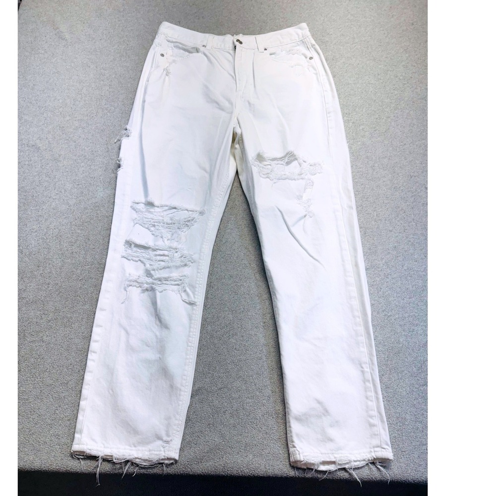 American Eagle Distressed Jeans Womens 10 White‎ High Rise Ripped Mom Jean Y2K